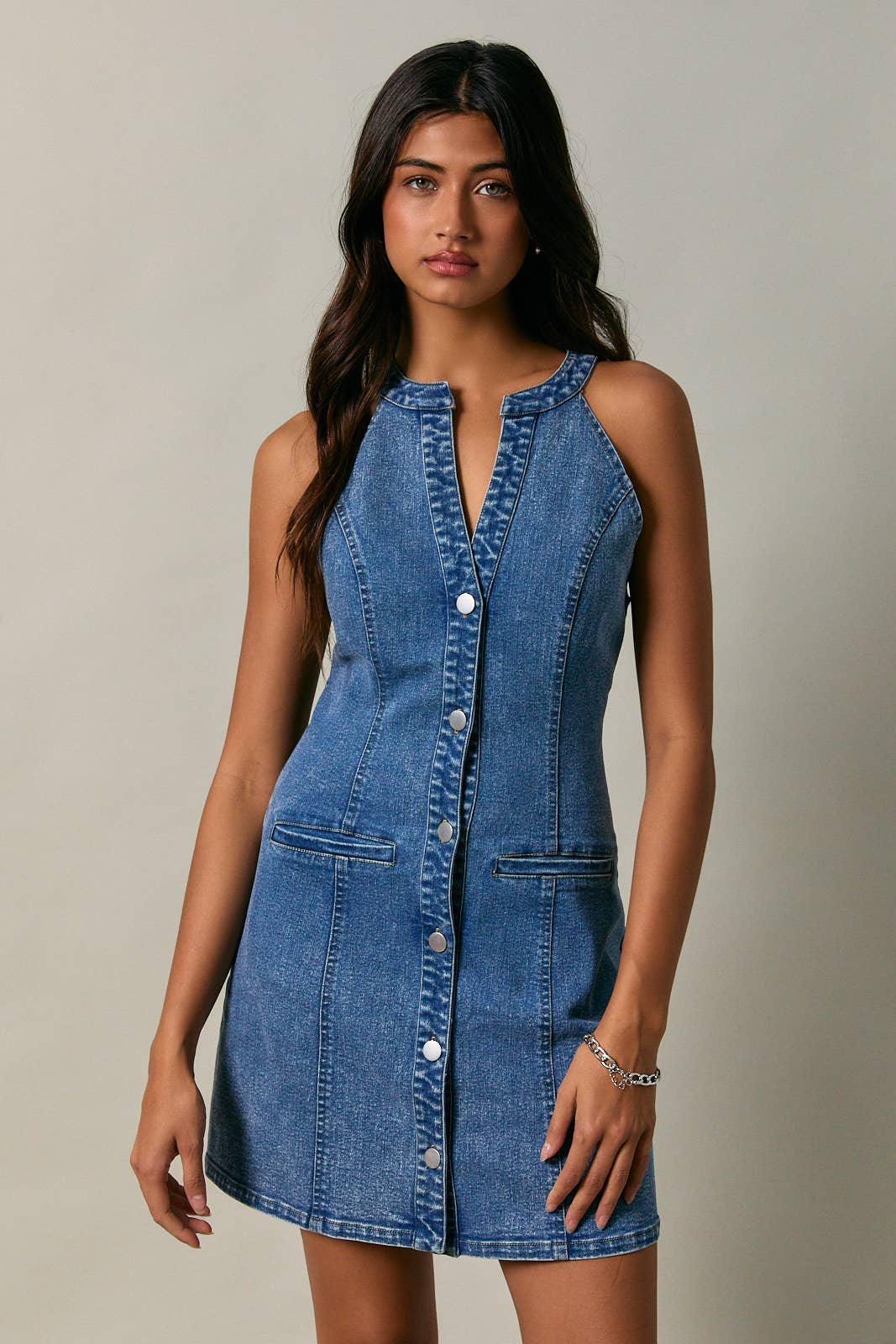 Robin- Halter Neck Button Down Denim Dress – North and Trendy Boutique