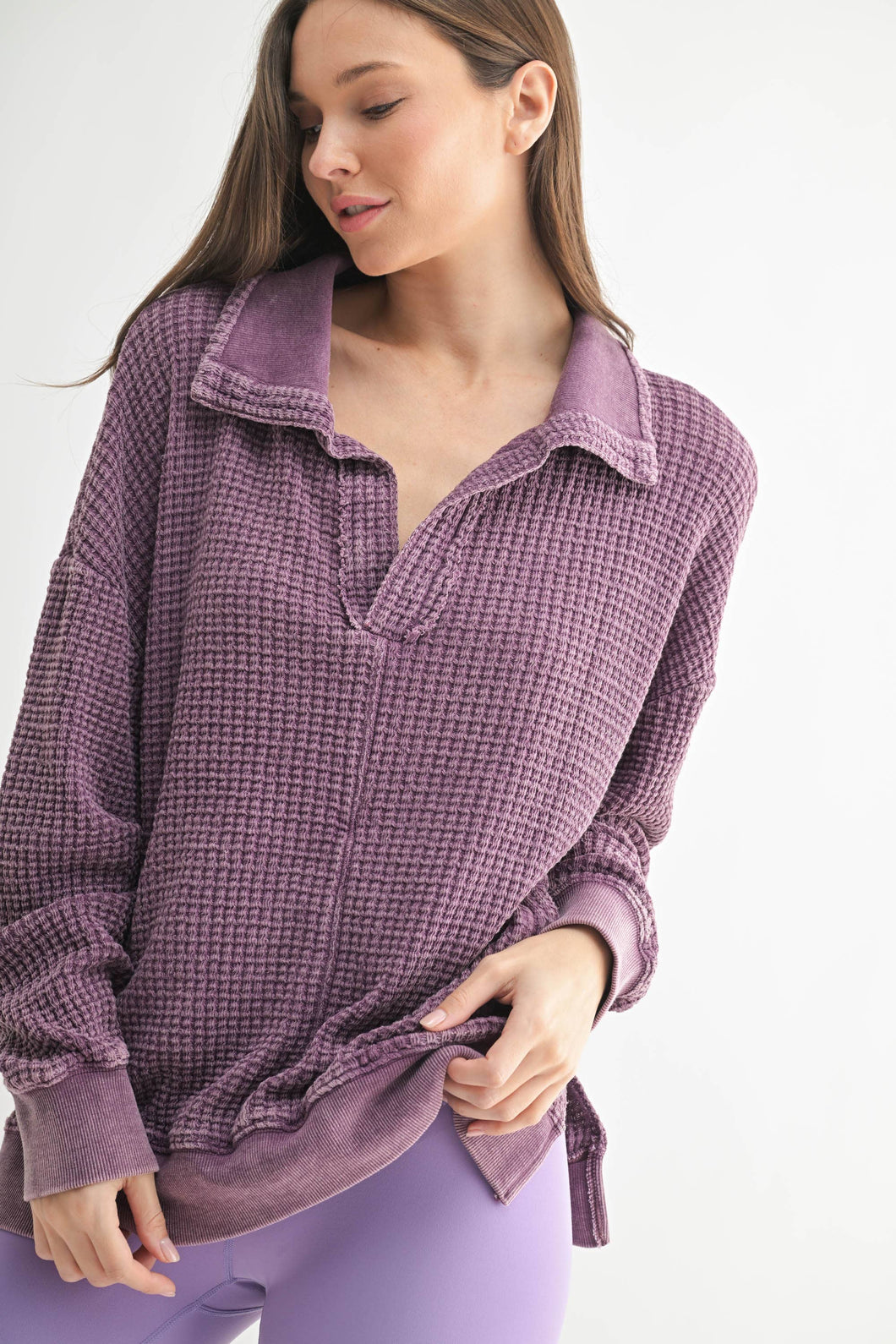 Joelle- Chunky Waffle Mineral Wash Collared Sweater