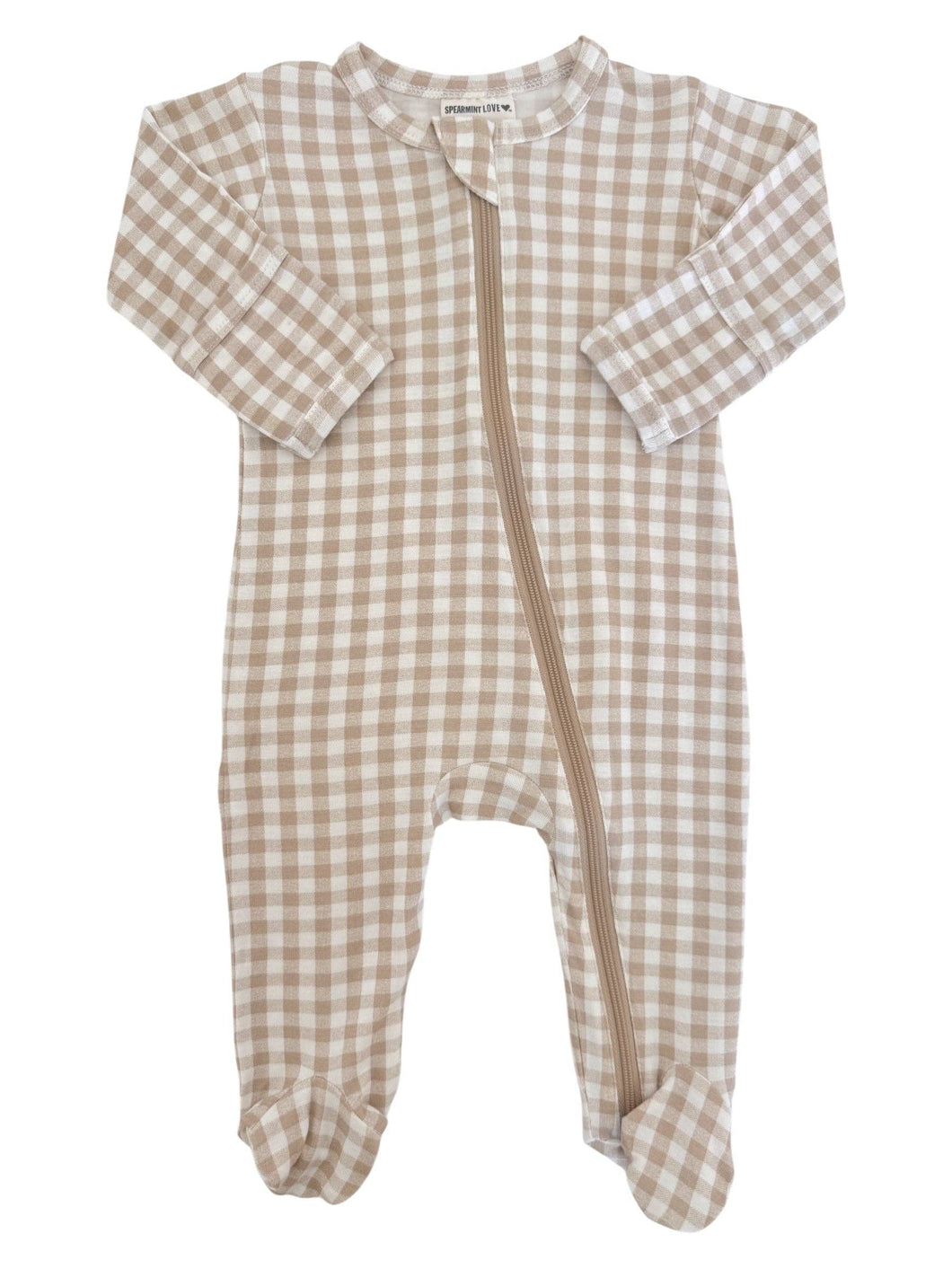 2-Way Zip Footie, Tan Gingham