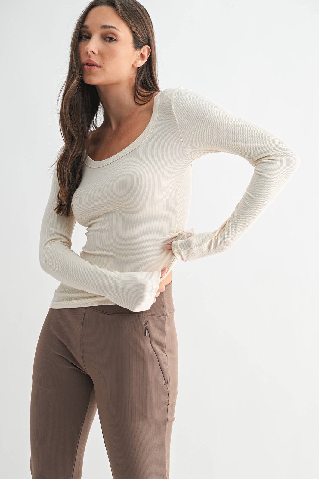 Ophelia- Natural- Scoop Neck Ribbed Long Sleeve Top