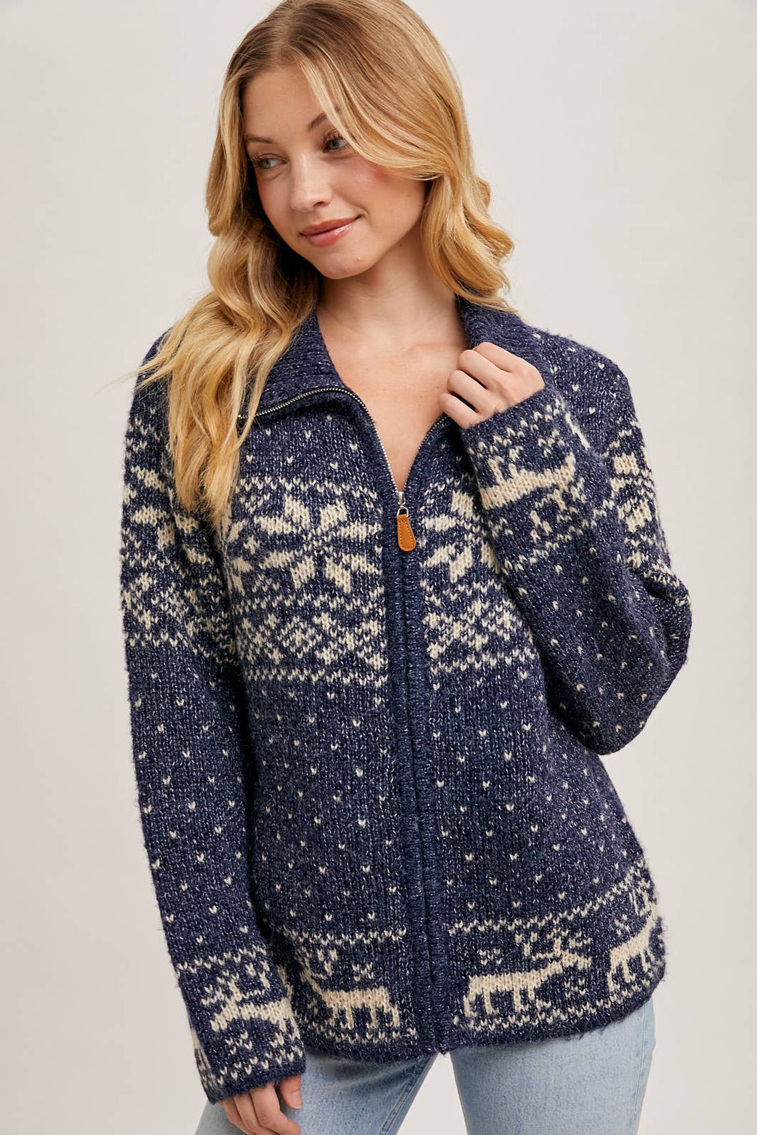 Janet- Nordic Print Knit Zipup Sweater Cardigan
