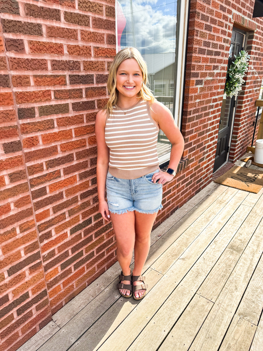 Shelby- Striped Crew Neck Sleeveless Knit Top