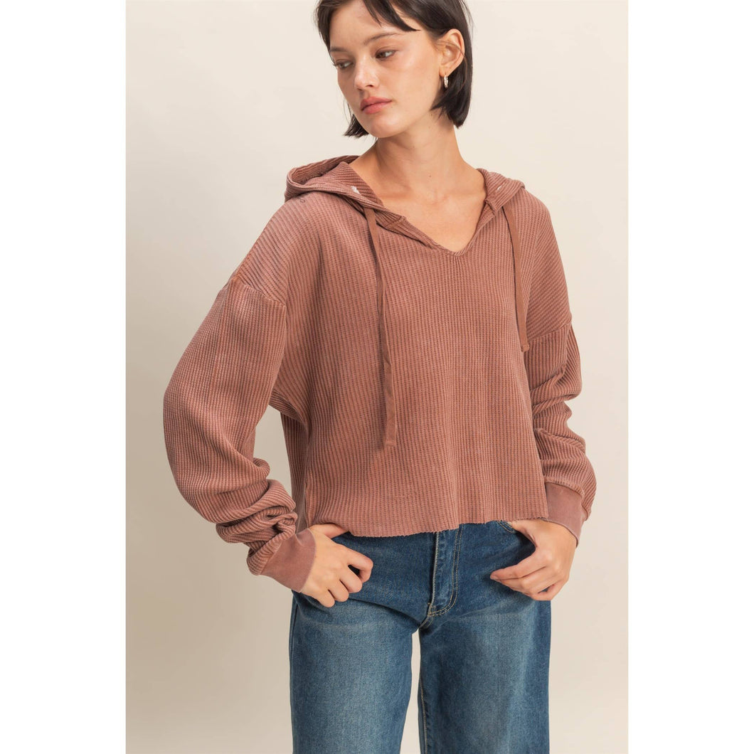 Sloane- Mineral Washed Cropped Waffle Knit Hoodie