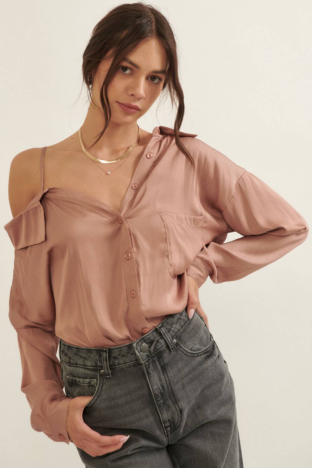 Margie- One Shoulder Collar Neck Long Sleeve Satin Shirt