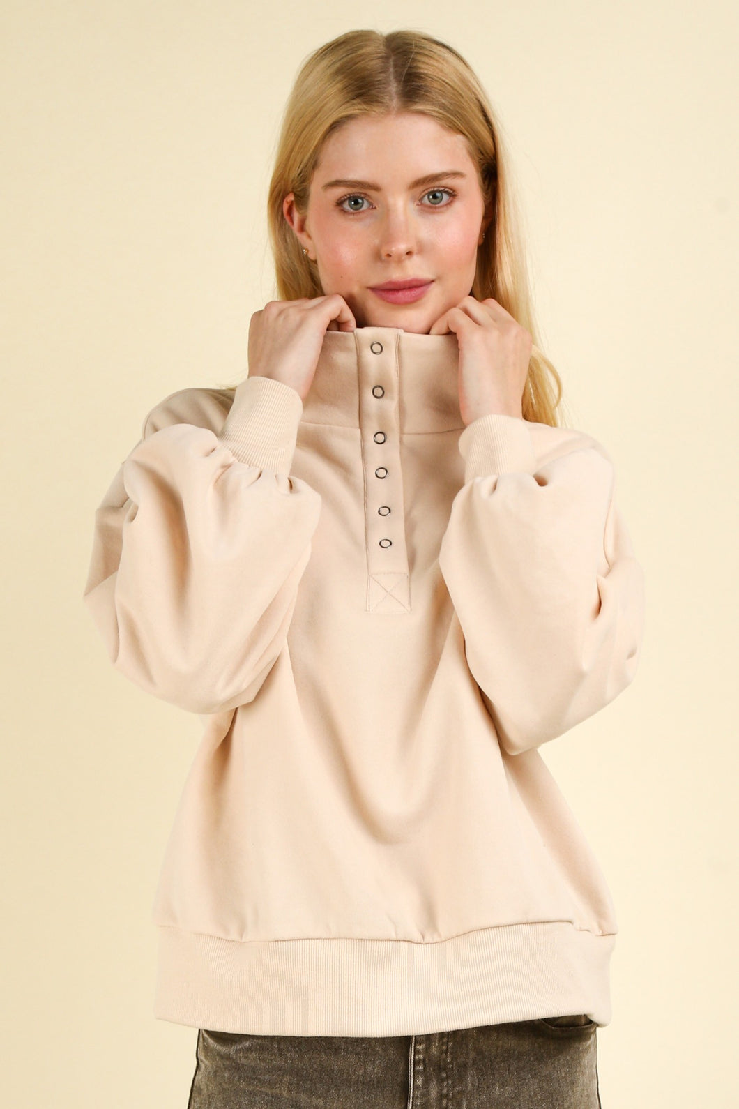Arabella- Balloon Sleeve Button Down Henley Top