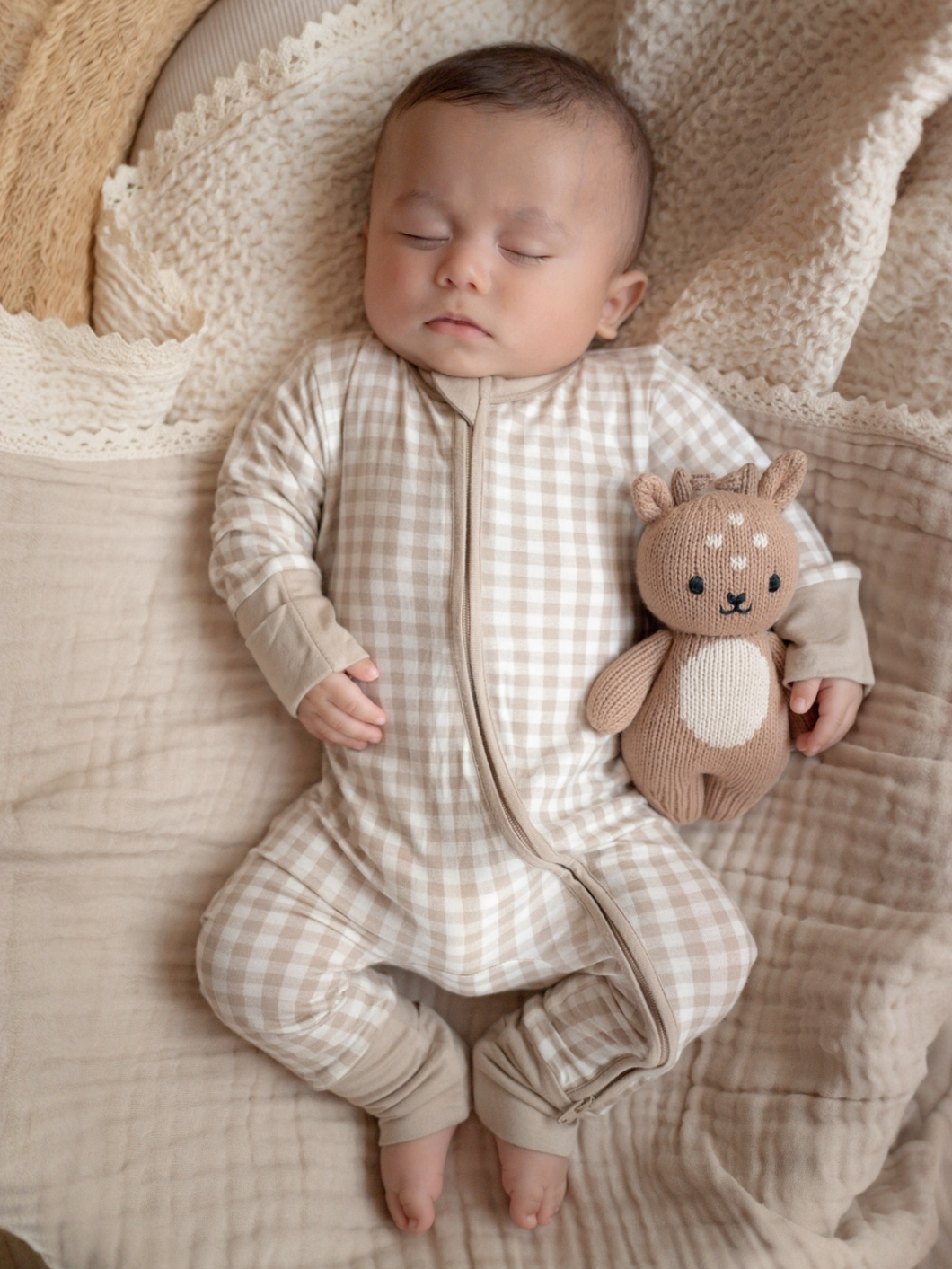 Tan Gingham- 2-Way Convertible Zip Romper