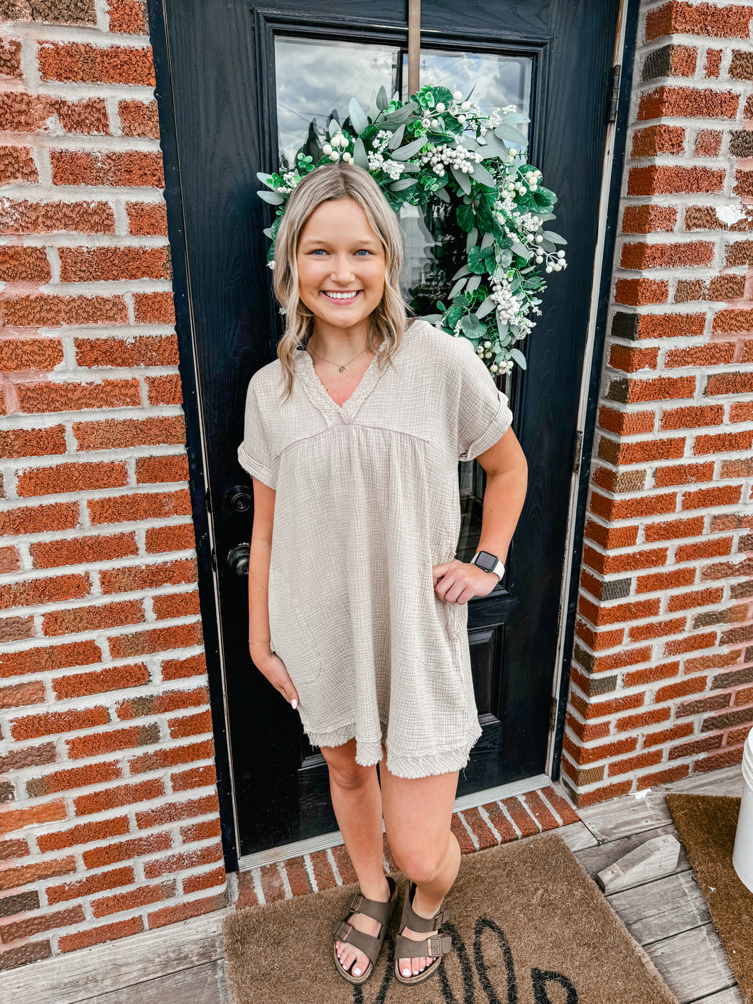 Rosie- Ash Mocha- V-Neck Washed Gauze Dress