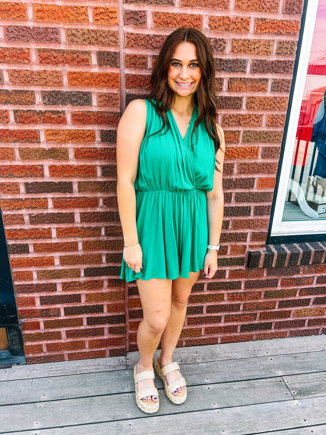 Alana- Woven Crinkle Draped Romper W Tie Open Back