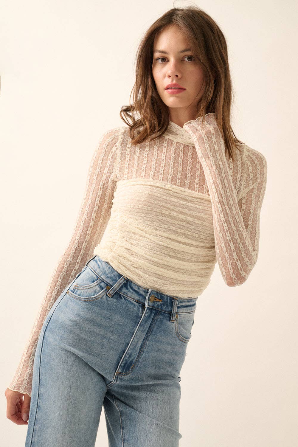Wrenlee- Striped Floral Lace Ruched Mock-Neck Bodysuit
