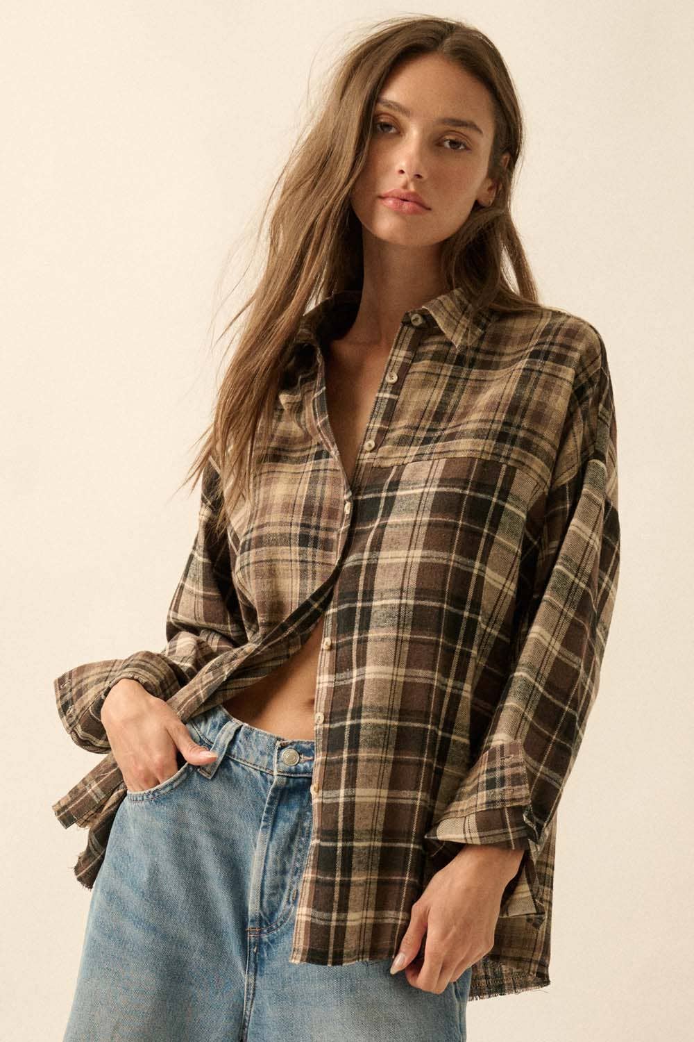Lisa- Colorblock Plaid Flannel Button-Up Shirt