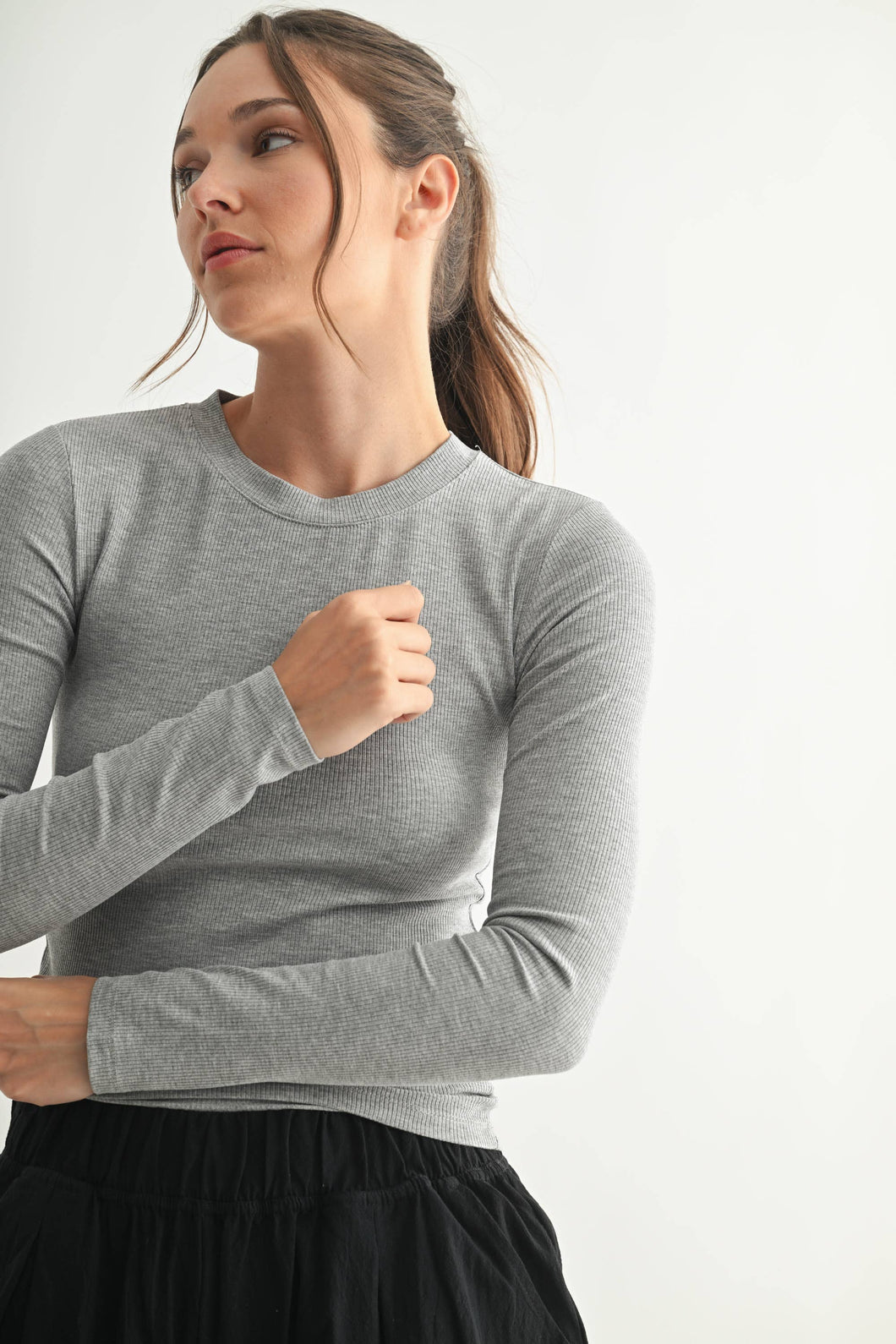Charlie- Grey- Long-Sleeved Micro-Ribbed Top