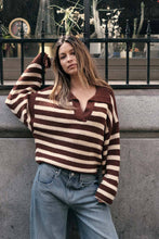 Load image into Gallery viewer, Hazel-Striped Rib-Knit Collared Split-Neck Sweater
