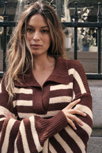 Load image into Gallery viewer, Hazel-Striped Rib-Knit Collared Split-Neck Sweater
