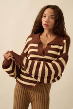 Load image into Gallery viewer, Hazel-Striped Rib-Knit Collared Split-Neck Sweater
